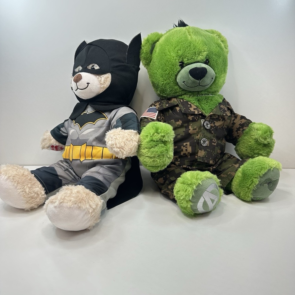 Build A Bear Super Hero Lot of 2 Bears Hulk in Fatigues and Batman with Mask